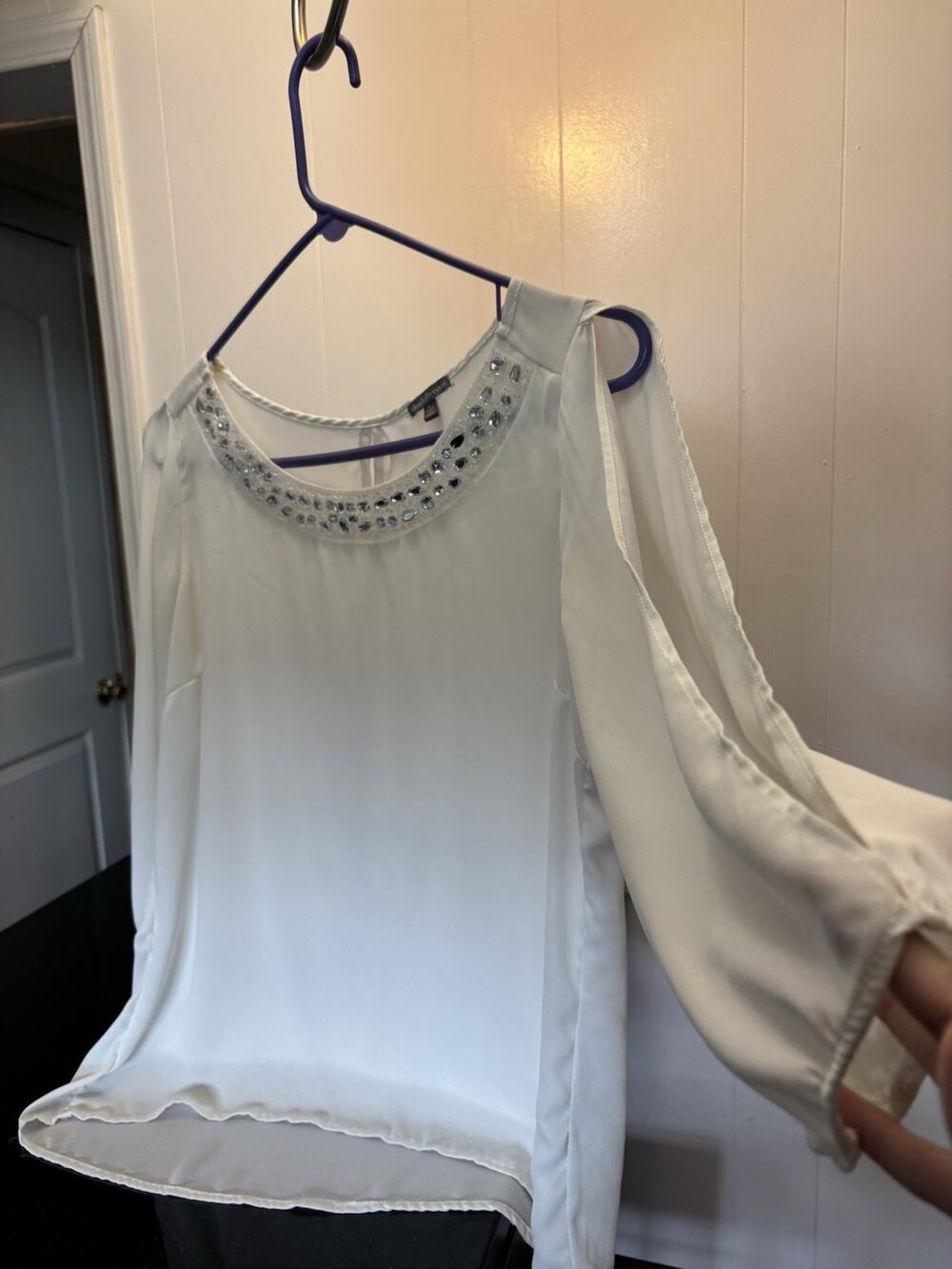 White Embellished Cold Shoulder Blouse Jeweled Light Capsule Wardrobe Large